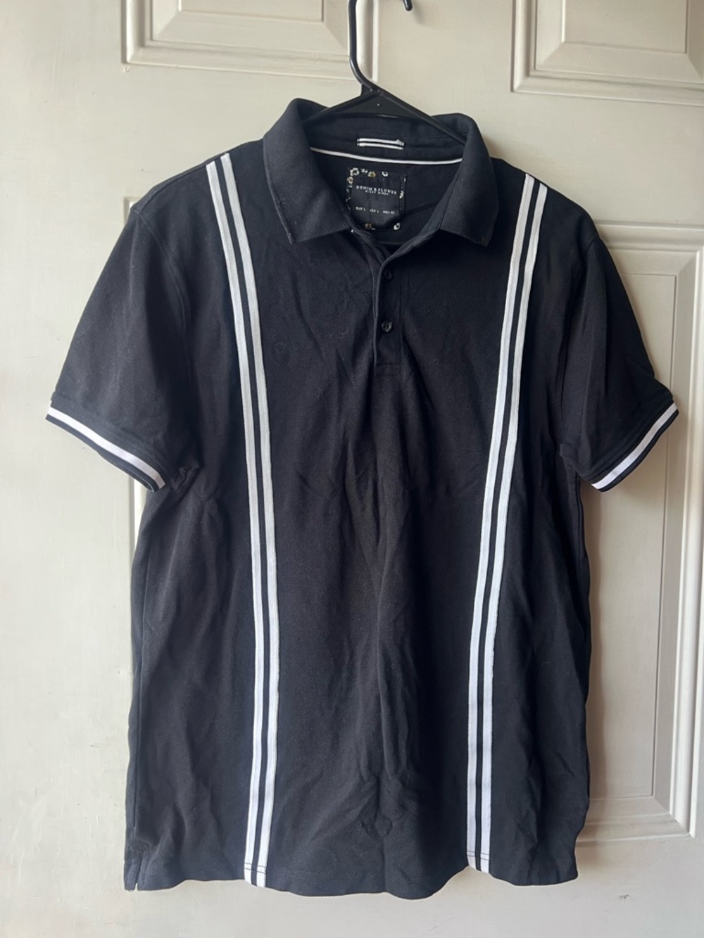 Denim & Flower Black Polo with White Twin Vertical Stripes
